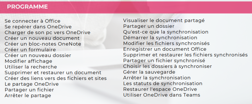 Programme formation Découvrir OneDrive de Microsoft Sister Concept Formation - Organisme de Formation Lozère