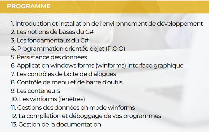 Programme formation Devenir un développeur C# Sister Concept Formation - Organisme de Formation Lozère