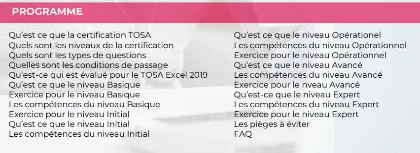 Programme formation Réussir sa certification Tosa Excel 2019 Sister Concept Formation - Organisme de Formation Lozère
