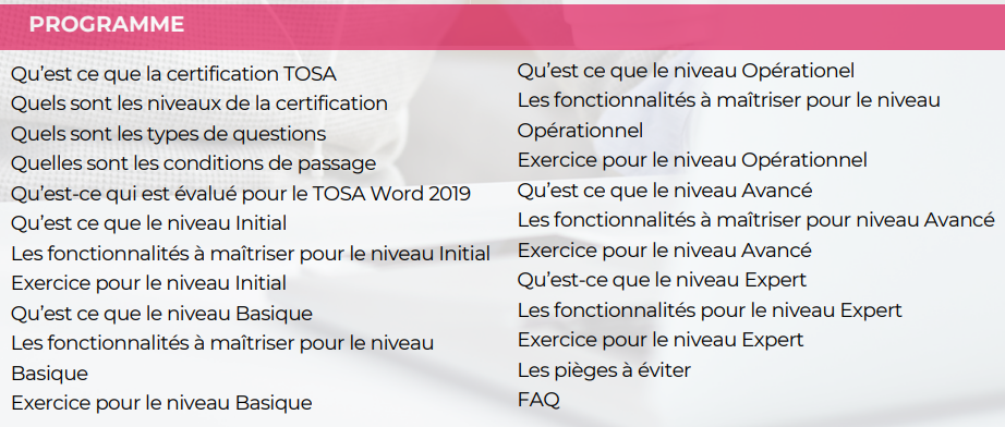 Programme formation Réussir sa certification Tosa Word 2019 Sister Concept Formation - Organisme de Formation Lozère